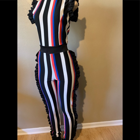 Fashion Nova Kayla size S blue black combo striped jumpsuit ruffled trim - Picture 4 of 7